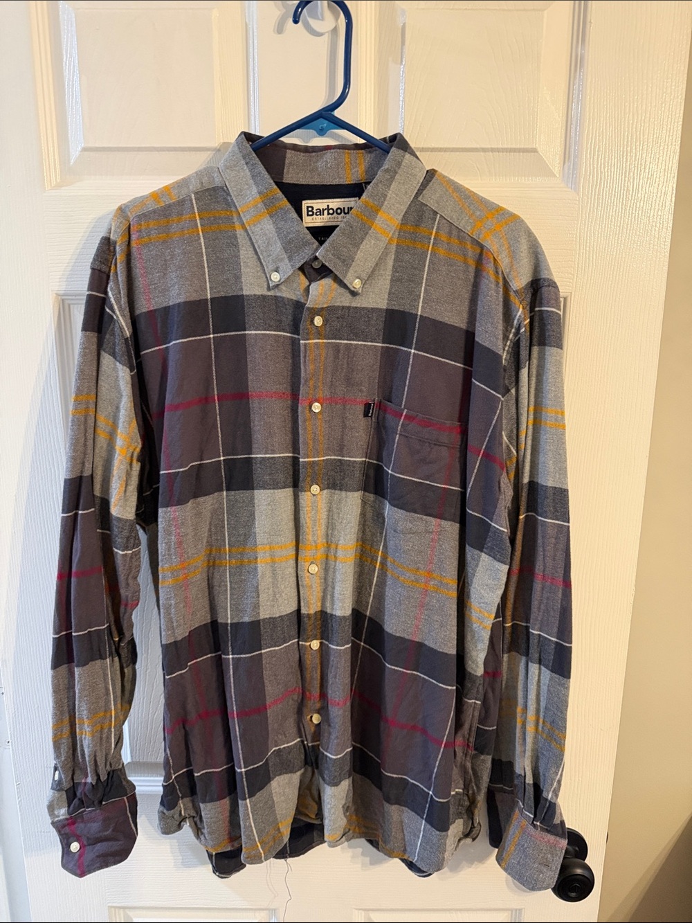 Barbour Gray Plaid Button-Down Shirt with Yellow and Burgundy Accents
